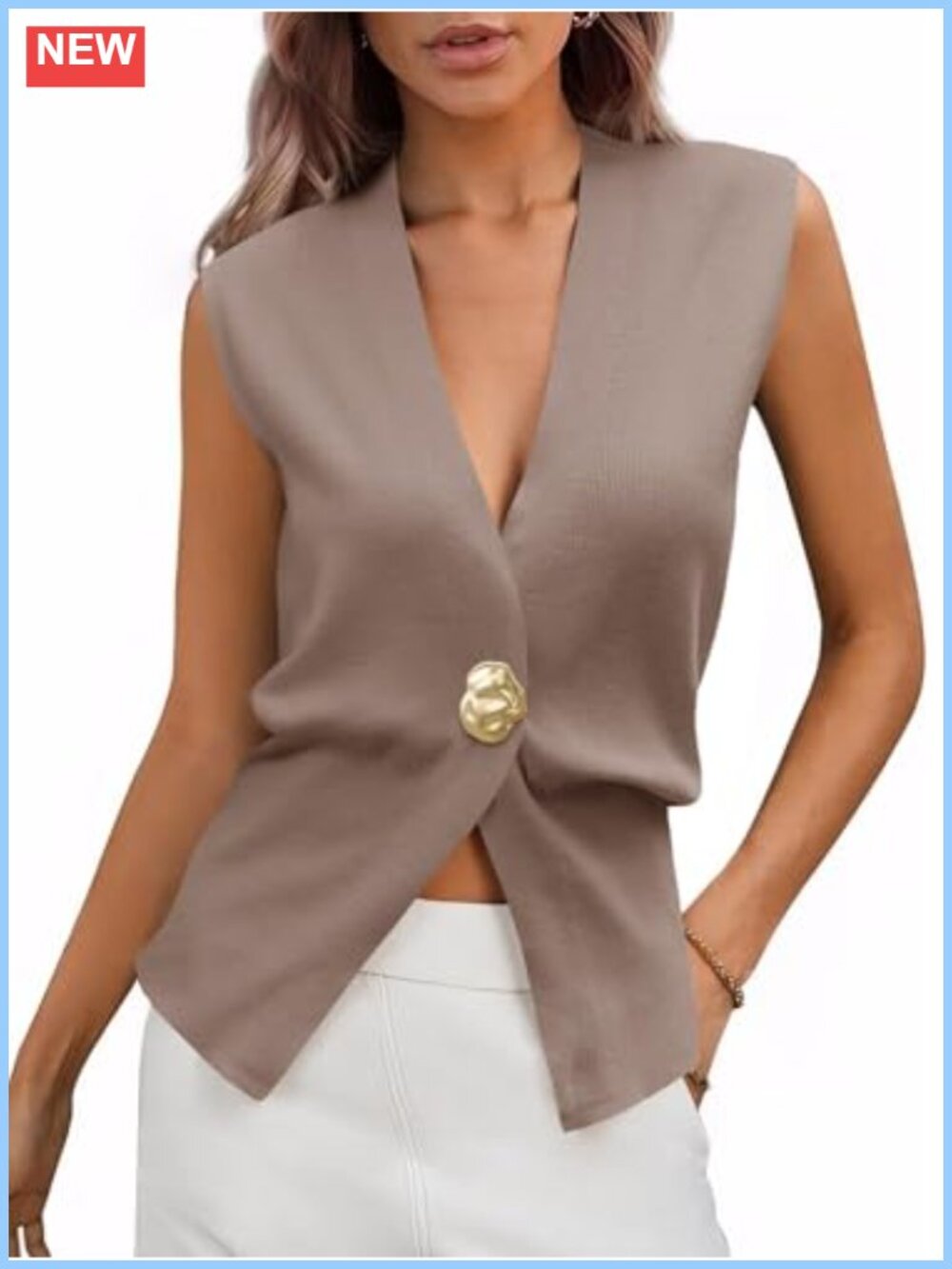 Women's Sleeveless V-Neck Sweater Vest Slim Fit Knit Button Casual Layering Top
